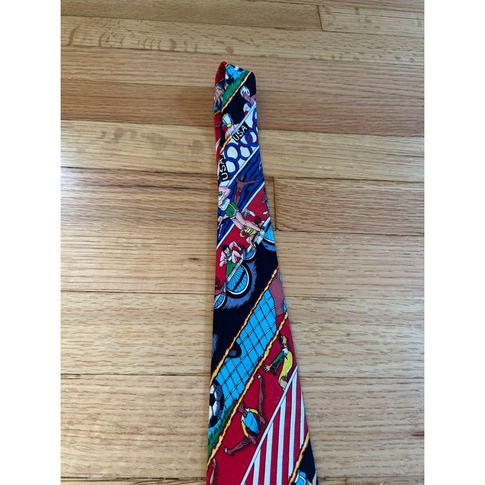 Nicole Miller 1992 USA Olympics Silk Tie Mens Vintage Sports Graphic Red Blue
